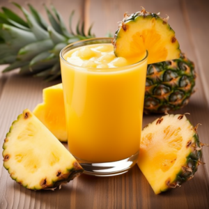 A glass brimming with our Golden Pineapple Zing juice, crowned with tantalizing pineapple chunks. The vibrant display of golden pineapple slices and chunks around the glass, accompanied by a whole pineapple in the background, showcases the tropical freshness bursting with goodness. Every sip of this invigorating juice is a step toward better health. Our eco-friendly practices ensure you enjoy nature's finest while supporting sustainability.