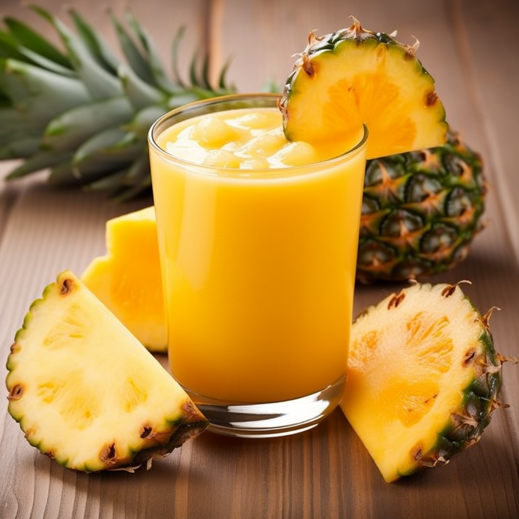 A glass brimming with our Golden Pineapple Zing juice, crowned with tantalizing pineapple chunks. The vibrant display of golden pineapple slices and chunks around the glass, accompanied by a whole pineapple in the background, showcases the tropical freshness bursting with goodness. Every sip of this invigorating juice is a step toward better health. Our eco-friendly practices ensure you enjoy nature’s finest while supporting sustainability.