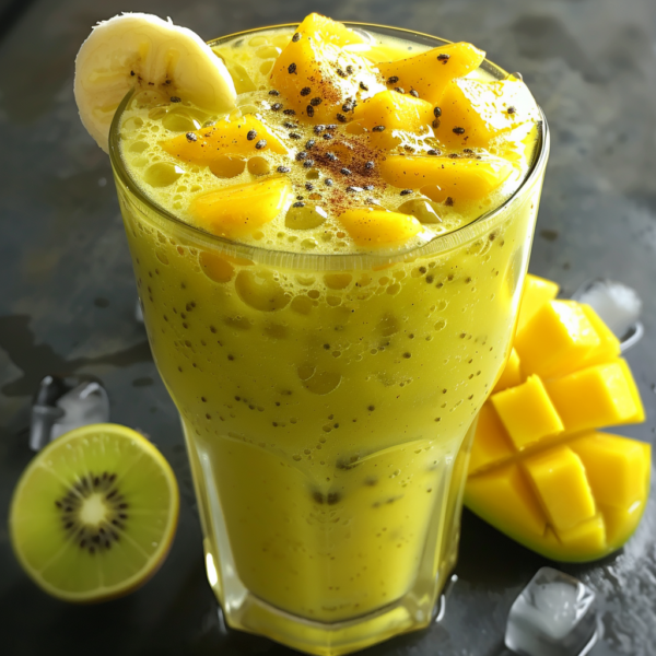 A radiant glass of Golden Sunrise Smoothie, brimming with the sun-kissed flavors of mangoes and bananas, all topped with a sprinkle of chia seeds for an extra burst of goodness. Beside the glass, vibrant slices of kiwi and mango rest on a cool bed of ice cubes. Experience freshness redefined with Zestful Blends - where every sip supports your health and our planet.