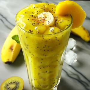 Indulge in the vibrant, health-boosting delight of our Golden Sunrise Smoothie, served in a tall glass and adorned with a fresh banana slice and a dash of cinnamon. This refreshing blend is bursting with goodness, set against a backdrop of whole bananas, sliced kiwi, and crisp ice cubes on an elegant marble surface. Taste the Zestful Blends difference—where every sip is packed with nature’s freshest ingredients and eco-friendly care.