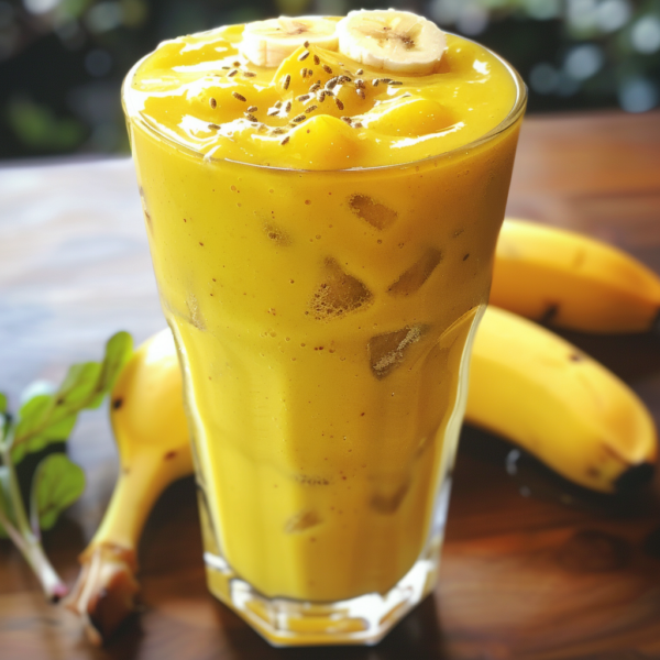 A tall glass brimming with our Golden Velvet Smoothie, adorned with chia seeds and luscious banana slices. Bananas lie nearby on a rustic wooden surface, while the backdrop of fresh green leaves amplifies the tropical and invigorating vibes. This smoothie is bursting with goodness, rich in essential nutrients, and crafted to elevate your health journey. Embrace the fresh vitality and eco-friendly elegance of Zestful Blends—where every sip brings you closer to nature’s best!