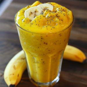 A tall, vibrant glass of our thick and creamy Golden Velvet Smoothie brims with wellness, topped tantalizingly with fresh banana slices and nutrient-rich chia seeds. The smoothie stands on a rustic wooden surface, paired alongside two whole bananas that amplify its tropical allure. This refreshing blend is bursting with goodness, offering a lush medley of revitalizing benefits in every sip. Crafted from the freshest ingredients and thoughtfully packaged in eco-friendly containers, our Golden Velvet Smoothie perfectly embodies Zestful Blends' commitment to healthy living and sustainability.