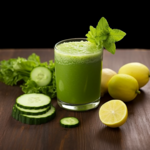 A glass of our vibrant Green Apple Ginger Twist, garnished with a refreshing sprig of fresh mint, takes center stage. Surrounding it are crisp cucumber slices, leafy greens, juicy green apple slices, and zesty yellow lemons—all bursting with goodness. Set against a dark backdrop on an eco-friendly wooden table, this scene is an invitation to indulge in the health benefits and refreshing flavors Zestful Blends has to offer. Enjoy the ultimate freshness and vitality in every sip!