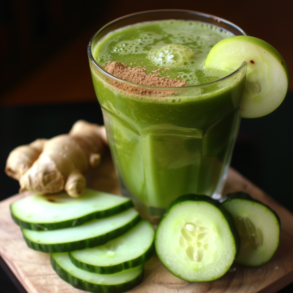 A vibrant Green Ginger Glow Smoothie in a sleek glass, bursting with goodness and garnished with an inviting slice of cucumber on the rim. This refreshing drink is paired perfectly with crisp sliced cucumbers and a fresh piece of ginger, artfully presented on a rustic wooden board. Topped with a dash of cinnamon for an extra zing, this smoothie embodies Zestful Blends' commitment to health, freshness, and eco-friendly elegance.