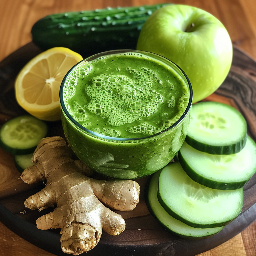 A glass bowl brimming with our vibrant Green Ginger Glow Smoothie sits invitingly on a rustic wooden cutting board, surrounded by an array of fresh, wholesome ingredients: crisp cucumber, a succulent apple, zesty lemon slices, and pungent ginger. This frothy delight is bursting with goodness—an invigorating blend that promises both freshness and vitality. At Zestful Blends, we prioritize your health with every sip while championing eco-friendly practices. Indulge in our nutritious offerings like fruit salads, rejuvenating juices, tasty snacks, creamy smoothies, whole fruit packs brimming with nature’s best, and delightful desserts—all crafted to nourish your body and uplift your spirit.