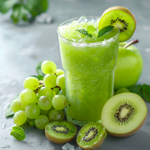 Behold the Green Grape Glacier, a tall glass brimming with rejuvenation and bursting with goodness! This refreshing delight is as cool as a glacier, topped off with fresh mint leaves and a vibrant slice of kiwi on the rim. Surrounding this invigorating blend are lush green grapes, juicy kiwis, and a crisp green apple—each one handpicked to ensure peak freshness. Scattered ice cubes hint at the icy refreshment awaiting your taste buds. At Zestful Blends, we champion health and vitality through our array of fruit salads, juices, snacks, smoothies, whole fruit packs, and tantalizing desserts—all crafted with eco-friendly passion for your zestful lifestyle.