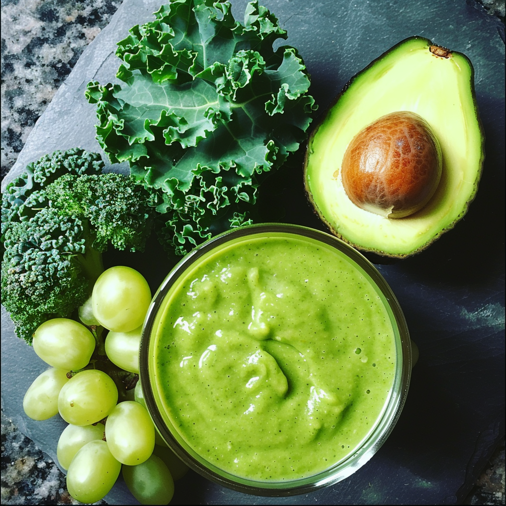 A vibrant Green Grape Oasis Smoothie sits in a glass bowl on a sleek slate surface, exuding healthful radiance and eco-friendly charm. Surrounding the smoothie are fresh ingredients that reflect its bursting vitality: an open avocado with its pit, a bunch of juicy green grapes, crisp kale leaves, and nutrient-packed broccoli florets. Experience the zestful blend of nature’s finest with every sip—pure freshness and wellness in one delightful treat.