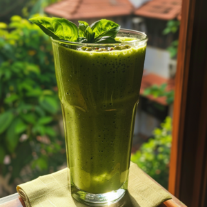 A tall glass of our vibrant Green Guava Glow Smoothie, bursting with goodness and garnished with fresh basil leaves, sits on a folded napkin. In the background, a sunlit outdoor scene reveals lush green foliage and charming red-roofed buildings. Enjoy a refreshing blend that’s as healthy as it is delicious, made from freshly picked ingredients. At Zestful Blends, we prioritize both your wellbeing and the planet's by embracing eco-friendly practices in all our fruit salads, juices, snacks, smoothies, whole fruit packs, and desserts.