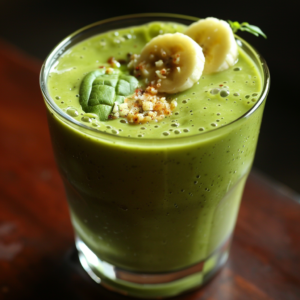 Experience the invigorating burst of freshness with our Green Guava Glow Smoothie! This vibrant blend, presented in a clear glass and artfully garnished with banana slices, crisp spinach leaves, and a sprinkle of crunchy crushed nuts, is your ticket to wellness. Rich in antioxidants and nutrients, every sip promises to rejuvenate. Set against an elegant dark wooden backdrop, this smoothie embodies Zestful Blends' commitment to health and vitality. Our eco-friendly approach ensures you receive pure goodness in every delicious serving. Dive into the ultimate refreshment today!