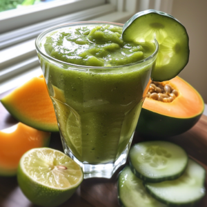 A glass brimming with our vibrant Green Papaya Paddle Smoothie, garnished with a crisp cucumber slice. Placed on a rustic wooden surface, it's surrounded by fresh slices of cucumber, juicy lime halves, and succulent chunks of green papaya. Natural light cascading through the window accentuates the freshness and bursting goodness of each ingredient. Zestful Blends - your eco-friendly choice for health-boosting fruit salads, juices, snacks, smoothies, whole fruit packs, and desserts!