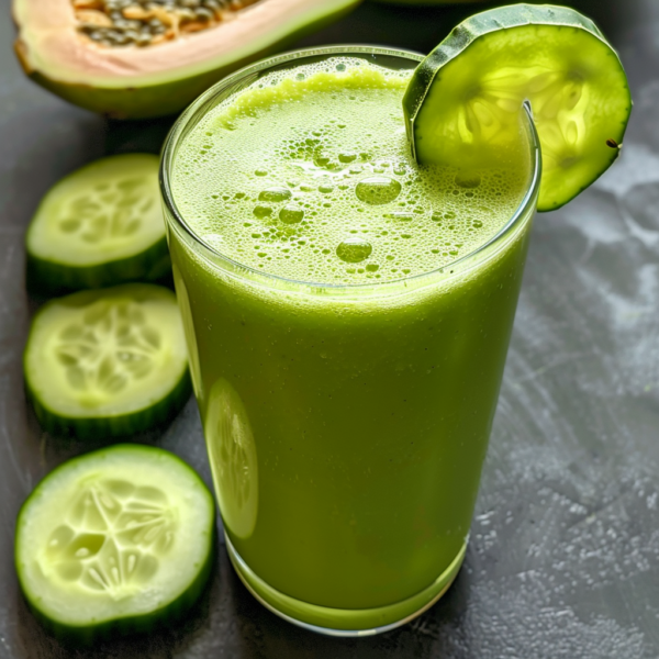 Discover the burst of goodness with our refreshing Green Papaya Paddle Smoothie, beautifully served in a clear glass and elegantly garnished with a crisp cucumber slice on the rim. Placed on a sleek, dark surface alongside fresh cucumber slices and halved green papaya, this vibrant smoothie embodies Zestful Blends' commitment to health and freshness. Our meticulously crafted beverages are not only delicious but also eco-friendly, ensuring you enjoy nature's finest in every sip. Indulge in the ultimate blend of vitality and taste today!