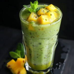 A tall glass brimming with our Green Tea Tropical Twist Smoothie, garnished with vibrant cubes of fresh mango and a sprig of fragrant mint. This thick, luscious smoothie is bursting with goodness, featuring visible bits of real fruit for an extra touch of freshness. Complementing the presentation are additional mango chunks and mint leaves artfully arranged beside the glass on a sleek, dark surface. Enjoy nutritional bliss while relishing in eco-friendly indulgence with every sip!