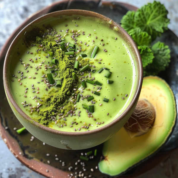 A vibrant, refreshing Green Zen Smoothie bowl radiates health and vitality, topped with a sprinkle of energizing chives, nutrient-packed chia seeds, and a dash of green superfood powder. Nestled on a rustic plate alongside half an avocado and fresh leafy greens, this delightful presentation is bursting with goodness. At Zestful Blends, our smoothies encapsulate nature's best ingredients for your well-being while embracing eco-friendly practices. Enjoy the pure essence of freshness in every delicious sip!