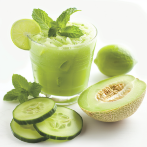 Discover the Honeydew Mint Medley, a refreshing symphony of flavors bursting with goodness! Served in a chic glass and garnished with a zesty lime slice and fresh mint leaves, this vibrant mix is surrounded by juicy lime wedges, crisp cucumber slices, a luscious honeydew half, and fragrant mint sprigs. Each sip brims with health benefits and the freshest ingredients nature has to offer. Perfect for fueling your day or indulging in a moment of bliss. Embrace wellness sustainably with Zestful Blends! 🌿🍈✨