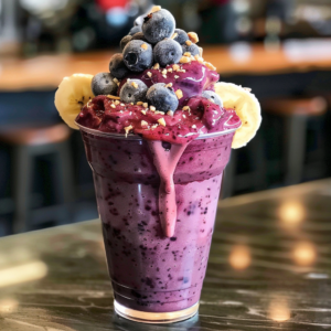 Experience the Jungle Berry Blast — a vibrant smoothie bursting with goodness, expertly crafted to delight your senses. Encased in an eco-friendly clear plastic cup, this rich purple sensation is crowned with a generous topping of fresh blueberries and crushed nuts, and garnished with perfectly sliced bananas. A few drops cascade down the side, hinting at the deliciously fresh ingredients inside. Whether you're savoring it as a refreshing drink or a wholesome snack, this blend is packed with health benefits and natural flavors that celebrate freshness and vitality. Enjoy every sip on your wellness journey!