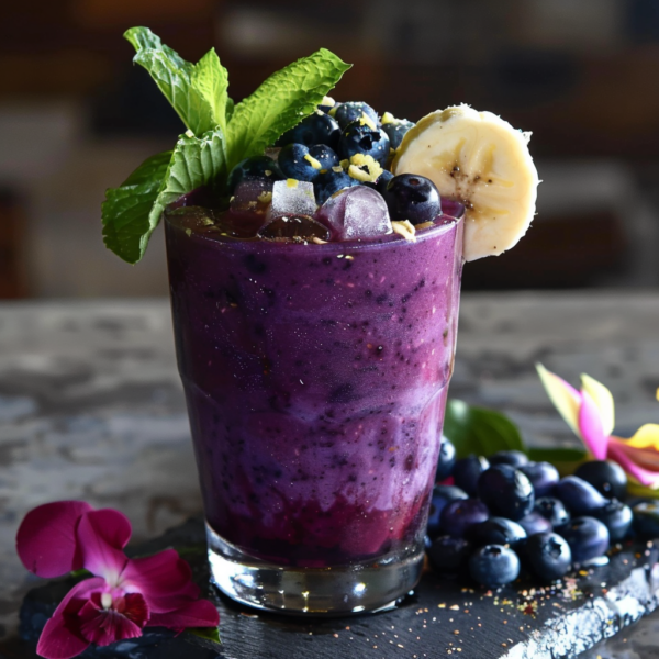 A vibrant purple Jungle Berry Blast brimming with freshness, served in a sleek glass, garnished with a luscious banana slice, plump blueberries, and a sprig of refreshing mint leaves. Nestled on a dark surface sprinkled with extra blueberries and delicate pink blossoms, this enticing creation offers a visual and flavorful feast like no other—truly a berry blast from the jungle! Bursting with goodness in every sip, our nutritious smoothie is crafted from eco-friendly practices to bring you the best nature has to offer. Perfect for those who savor the blend of health and excitement in their daily snacks.