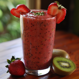 A tall glass of our vibrant Kiwi Berry Fusion Smoothie, bursting with goodness and garnished with fresh strawberry slices and plump green berries. Alongside, you'll find two whole strawberries and a halved kiwi, radiating freshness on a rustic wooden surface. The blurred green backdrop perfectly highlights the refreshing allure of this nutritious delight from Zestful Blends. Eco-friendly and packed with health benefits, enjoy every sip knowing you’re choosing a better future for yourself and the planet.