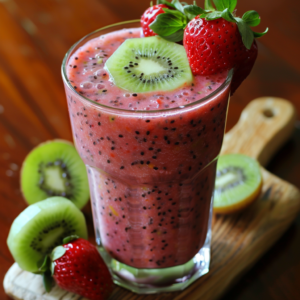 A tall glass of Kiwi Berry Fusion Smoothie rests proudly on a wooden board, bursting with goodness and garnished with a delicate slice of kiwi and a plump berry. Fresh kiwi slices and strawberries surround the glass, celebrating the vibrant pink hue and visible seeds that hint at its refreshing zest. Each sip is a taste of pure freshness, blending health benefits into every drop. At Zestful Blends, we’re committed to delivering top-quality products that are as kind to your body as they are to our planet.