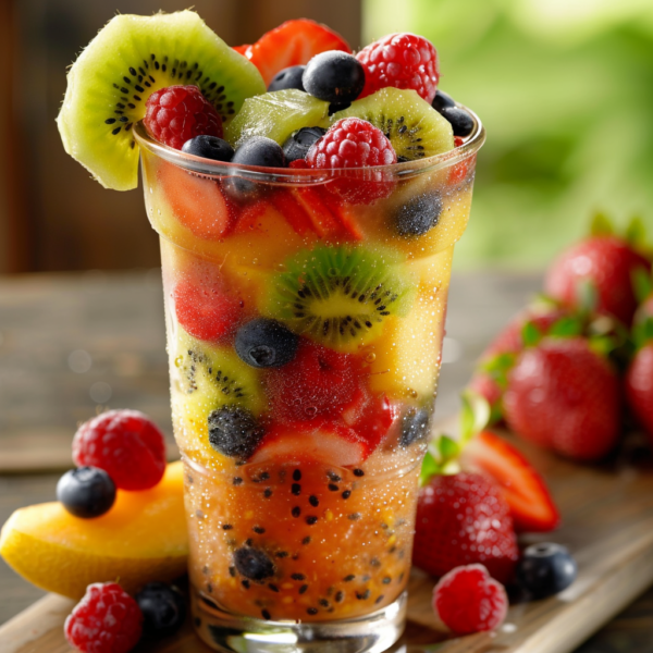 A vibrant Kiwi Berry Twist in a crystal-clear glass, bursting with goodness and layered with fresh slices of kiwi, strawberries, mango, blueberries, and raspberries. Perched on a rustic wooden table adorned with scattered berries for an extra burst of delight. The softly blurred green background enhances the scene’s freshness and vitality. Our eco-friendly glassware complements the natural allure of this wholesome treat from Zestful Blends—a perfect harmony of health benefits and refreshing flavors!