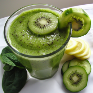 Experience the vibrant energy of Zestful Blends with our Kiwi Cucumber Cleanse Smoothie! This invigorating blend, bursting with goodness, is garnished with a fresh kiwi slice and packed with visible kiwi seeds. Around this refreshing glass, you'll find garden-fresh spinach leaves, crisp cucumber slices, a luscious green kiwi half, and a sprinkle of dazzling yellow fruit slices—all arranged on a pristine white canvas. Embrace the ultimate in health benefits and freshness while knowing you're savoring eco-friendly goodness. Whether it's fruit salads, juices, snacks, smoothies, whole fruit packs or delectable desserts—Zestful Blends brings you nature’s best!