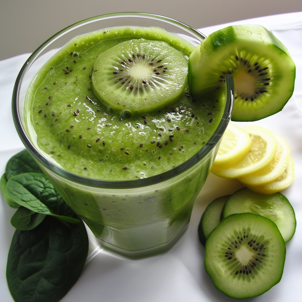 Experience the vibrant energy of Zestful Blends with our Kiwi Cucumber Cleanse Smoothie! This invigorating blend, bursting with goodness, is garnished with a fresh kiwi slice and packed with visible kiwi seeds. Around this refreshing glass, you’ll find garden-fresh spinach leaves, crisp cucumber slices, a luscious green kiwi half, and a sprinkle of dazzling yellow fruit slices—all arranged on a pristine white canvas. Embrace the ultimate in health benefits and freshness while knowing you’re savoring eco-friendly goodness. Whether it’s fruit salads, juices, snacks, smoothies, whole fruit packs or delectable desserts—Zestful Blends brings you nature’s best!