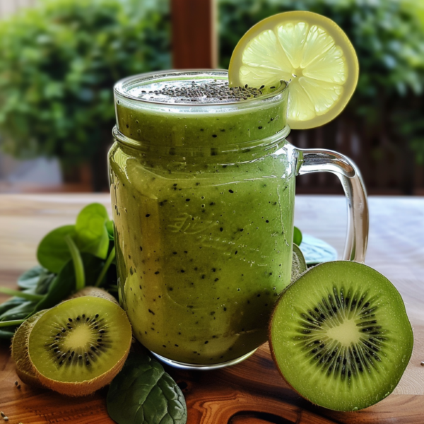 Indulge in the Kiwi Cucumber Cleanse Smoothie, a refreshing blend bursting with goodness! This vibrant glass jar is brimming with nature's best—enriched with visible kiwi seeds and crisp cucumber undertones. Garnished with a zesty slice of lemon, this smoothie is surrounded by fresh, juicy kiwis and nutrient-packed spinach leaves. Embrace the lush greenery of the outdoors as you sip on this revitalizing drink, knowing Zestful Blends crafts each product for maximum health benefits and freshness. Savor our eco-friendly commitment while enjoying a delicious boost to your wellness journey!