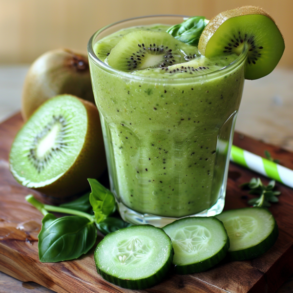 A vibrant glass brimming with our Kiwi Herb Essence Smoothie, bursting with goodness and garnished with luscious slices of fresh kiwi. Surrounding the smoothie are juicy kiwi fruit, fragrant basil leaves, and crisp cucumber slices, all arranged on a rustic wooden surface. A green and white striped straw sits gracefully beside this herb-infused delight for an extra touch of refreshing elegance. Embrace the health benefits and freshness in every sip from Zestful Blends – where vitality meets sustainability!