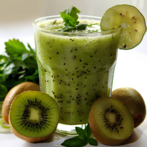 A glass of creamy green Kiwi Herb Essence Smoothie, artfully garnished with a vibrant kiwi slice and fresh basil leaf. It’s surrounded by both whole and sliced kiwis, accompanied by an array of fresh green herbs in the background. Bursting with goodness, this smoothie is rich in natural vitamins and textures from kiwi seeds, promoting health in every sip. At Zestful Blends, our products showcase unparalleled freshness and commitment to eco-friendly practices – perfect for a revitalizing start to your day!