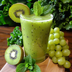 A Kiwi Kale Cooler artfully garnished with a kiwi slice and fresh mint leaves. Surrounding the glass are juicy green grapes, whole and sliced kiwis, and extra sprigs of mint, all set against a lush backdrop of vibrant kale greens. This refreshing drink is bursting with goodness, offering an invigorating blend that celebrates health and freshness in every sip. Enjoy the pure vitality of nature’s best ingredients delivered sustainably for a brighter, zestful life!