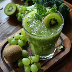 Experience a Zestful Blends masterpiece: our revitalizing Kiwi Kale Cooler, garnished with a vibrant kiwi slice and sprigs of fresh mint. Surrounding this invigorating beverage are whole kiwis, luscious green grapes, and crisp leafy kale, artfully arranged on a rustic wooden board. Bursting with goodness, this cooler is your perfect companion for an energizing boost. Dive into the freshness of nature’s best ingredients and rejuvenate your day with every sip. Our commitment to health and eco-friendly practices ensures that each product contributes to your wellness journey in the most sustainable way possible.