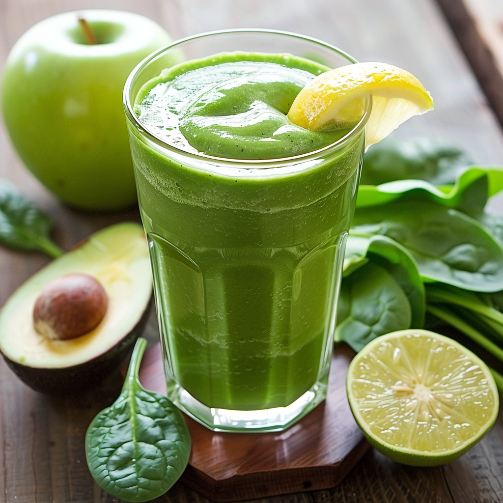 A refreshing Lean Green Machine Smoothie in a tall glass, garnished with a vibrant lemon wedge. Surrounding the smoothie are fresh, wholesome ingredients bursting with goodness: a crisp green apple, creamy avocado halves, nutrient-rich spinach leaves, and zesty sliced lime—all elegantly displayed on a natural wooden surface. At Zestful Blends, we take pride in offering health-boosting products made from the freshest ingredients. Enjoy the perfect blend of taste and vitality while supporting eco-friendly choices for your well-being!