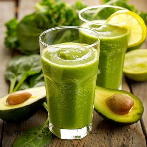 Two glasses of our Lean Green Machine Smoothie shine on a rustic wooden surface, surrounded by an array of fresh, vibrant ingredients. Leafy greens, creamy avocado halves, and zesty lemon slices set the stage for these nutrient-packed beverages. Each glass houses a smooth, foamy top that beckons with every sip. In the background, even more greens and avocado display their natural goodness. Bursting with health benefits and unparalleled freshness, this smoothie is your ticket to revitalization. At Zestful Blends, we focus on eco-friendly choices that nourish both you and our planet!