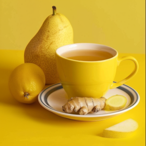 A vibrant yellow scene bursting with goodness! Dive into our Lemon Ginger Glow tea, elegantly served in a glowing yellow cup and saucer. Framed by a fresh pear, zesty lemon, and aromatic ginger slice on a sunny yellow surface, this image exudes the freshness and health benefits you crave. At Zestful Blends, we pride ourselves on offering eco-friendly products that are as refreshing as they are nutritious—from fruit salads to smoothies to delectable desserts. Sip into wellness with us!