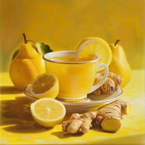 A vibrant yellow scene showcases our Lemon Ginger Glow, a refreshing cup bursting with goodness and adorned with a lemon slice on the rim. Surrounding the drink are fresh pears, halved lemons, and aromatic ginger roots, all set against a cheerful yellow surface. Bathed in sunlight that enhances their lively colors, this arrangement epitomizes freshness and vitality. Experience the health benefits of our meticulously crafted blends at Zestful Blends - where every product is made with love for your body and respect for our planet.