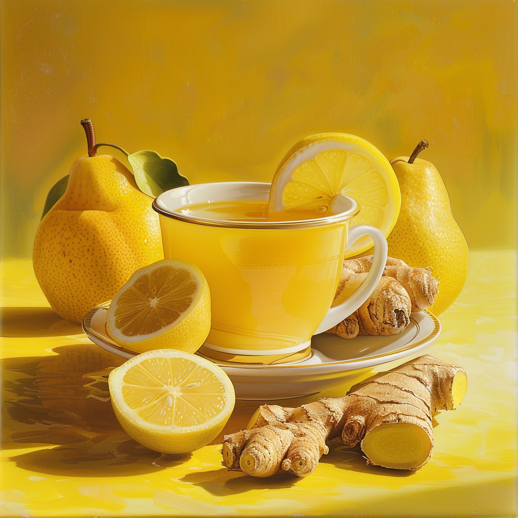 A vibrant yellow scene showcases our Lemon Ginger Glow, a refreshing cup bursting with goodness and adorned with a lemon slice on the rim. Surrounding the drink are fresh pears, halved lemons, and aromatic ginger roots, all set against a cheerful yellow surface. Bathed in sunlight that enhances their lively colors, this arrangement epitomizes freshness and vitality. Experience the health benefits of our meticulously crafted blends at Zestful Blends – where every product is made with love for your body and respect for our planet.