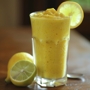 A tall glass brimming with our vibrant Lemon-Lime Sublime Smoothie, bursting with goodness and zesty freshness. Garnished with a tantalizing lemon-lime slice on the rim and flanked by two halved lemons on a natural wooden surface. This delicious smoothie not only delivers refreshing citrus flavors but also packs in essential vitamins and nutrients to keep you energized throughout the day. At Zestful Blends, we prioritize eco-friendly ingredients to bring you health-boosting beverages crafted with care. Enjoy the invigorating taste and health benefits of our premium smoothies – your perfect companion for a zestful life! 🌿🍋✨