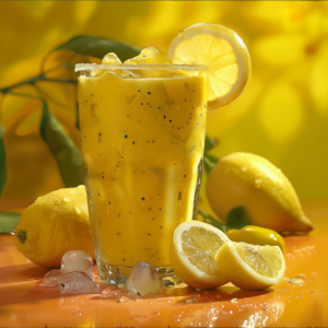 An invigorating tall glass of our Lemon Zest Energy drink, bursting with the goodness of fresh lemons and blended to icy perfection. Garnished with a zesty lemon slice, it's surrounded by whole lemons, lemon slices, and ice cubes on a vibrant orange surface that radiates freshness. The bright yellow background features softly-focused lemon branches, infusing the scene with an energizing zest. Dive into our eco-friendly delight for a refreshing boost that’s as good for you as it is for the planet!