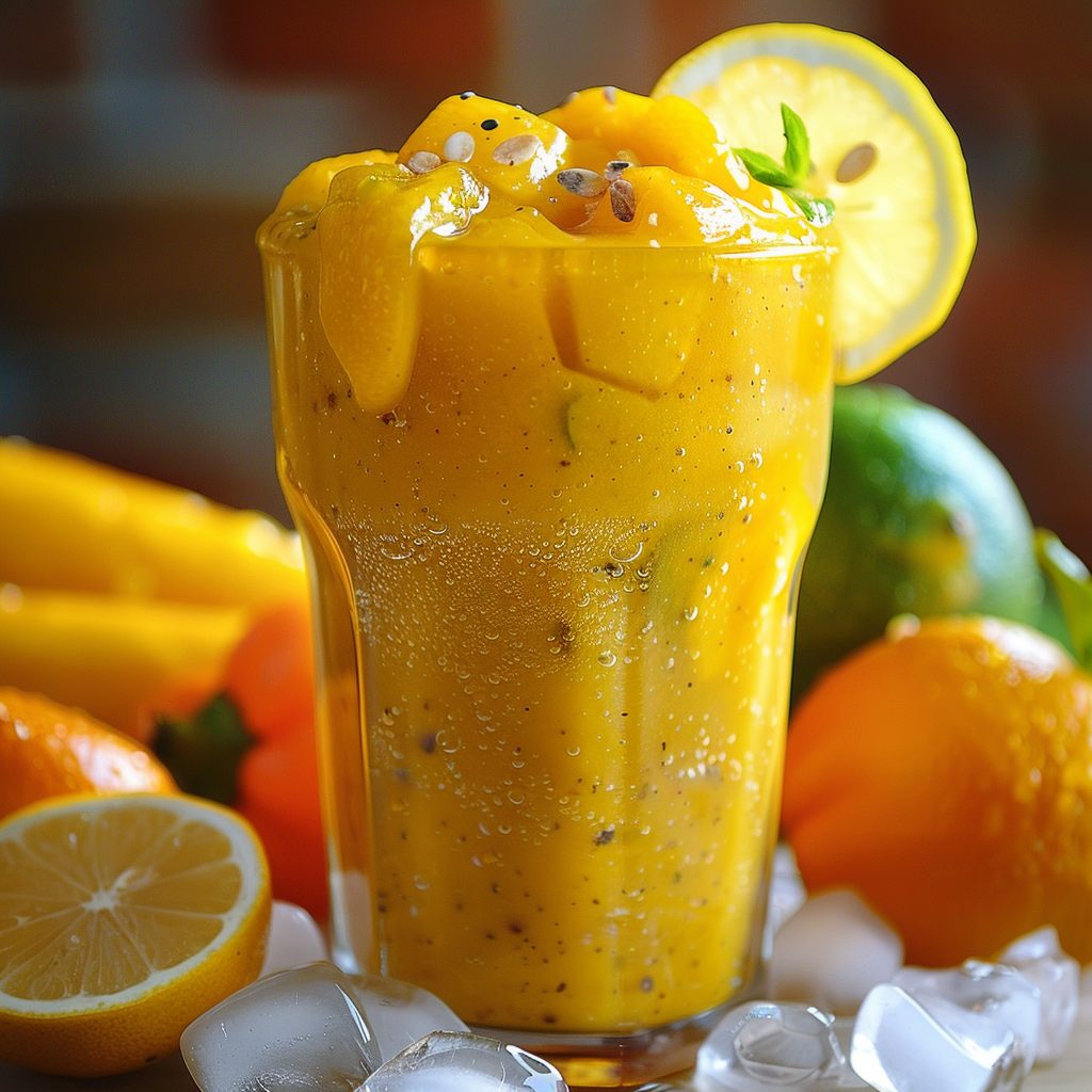 A vibrant yellow Lemon Zest Energy Smoothie in a glass, garnished with juicy mango chunks, zesty lemon curls, and nutrient-packed seeds. Encircled by refreshing ice cubes and an array of fresh mangoes, oranges, and a perfectly sliced lemon. This smoothie is bursting with goodness, offering a revitalizing burst of energy. In the background, more luscious fruits create an enticing and slightly blurred ambiance. The perfect blend of zestful flavors and eco-friendly ingredients from Zestful Blends!