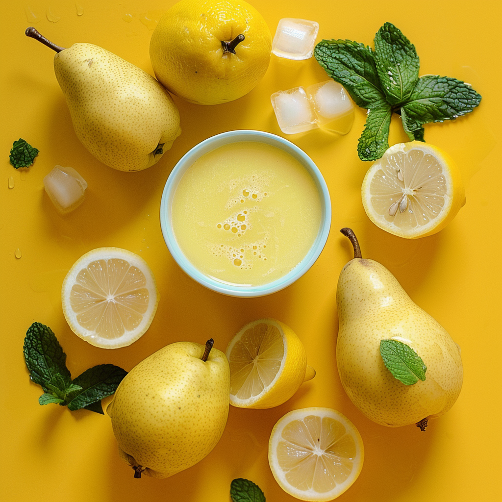 On a vibrant yellow background, fresh pears, zesty lemon halves, refreshing ice cubes, and lush green mint leaves encircle a bowl of our invigorating Lemonade Stand Smoothie. This tantalizing scene bursts with goodness and showcases the healthful freshness of Zestful Blends’ offerings. Our fruit salads, juices, snacks, smoothies, whole fruit packs, and desserts are crafted to deliver maximum flavor and nutritional benefits. Enjoy the vibrancy you crave with eco-friendly choices that nourish both you and the planet!