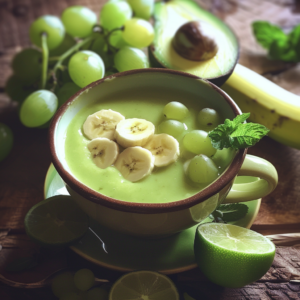 Delight in our nourishing Lime Avocado Bliss bowl, a vibrant creation bursting with goodness! This creamy green masterpiece, adorned with banana slices and juicy grapes, sits elegantly in a matching cup and saucer. Surrounding this fresh delight are lush grapes, half an avocado brimming with health benefits, a ripe banana, fragrant sliced lime, and a sprig of mint for the perfect touch. Indulge in the ultimate fusion of flavor and freshness with Zestful Blends – where every bite is an eco-friendly celebration of vitality.