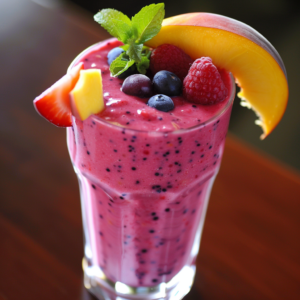 Indulge in a tall glass of our Mango Berry Mélange Smoothie, bursting with goodness and vibrant flavors! This refreshing drink, infused with the luscious taste of mango and crowned with fresh blueberries, raspberries, a sliced strawberry, and a peach slice, is garnished with a sprig of mint for an extra touch of freshness. Served on an inviting wooden surface, this smoothie embodies Zestful Blends' commitment to healthiness and vitality. Enjoy the ultimate blend of nature's finest ingredients in every sip!