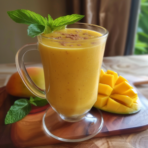 A glass of Mango Melody Smoothie, bursting with goodness, garnished with a sprig of mint. This light orange smoothie is topped with a sprinkle of cinnamon for an added touch of warmth. Beside the glass, discover a beautifully fanned-out sliced mango and fresh mint leaves on a sustainable wooden surface. Indulge in this vibrant blend that embodies the health benefits and refreshing essence of Zestful Blends' finest products.