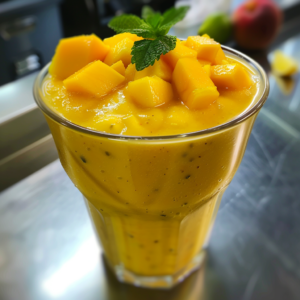 Energize your day with our Mango Melody Smoothie, bursting with goodness! This tall glass of vibrant yellow delight is brimming with creamy mango richness, adorned with fresh mango chunks and a sprig of mint for that extra zing. Each sip offers a smooth texture and visible seeds that remind you of the pure, natural ingredients we've blended to perfection. Behind this masterpiece lies a blurred kitchen backdrop, evoking an atmosphere of culinary creativity and freshness. Embrace the health benefits and eco-friendly ethos of Zestful Blends today!