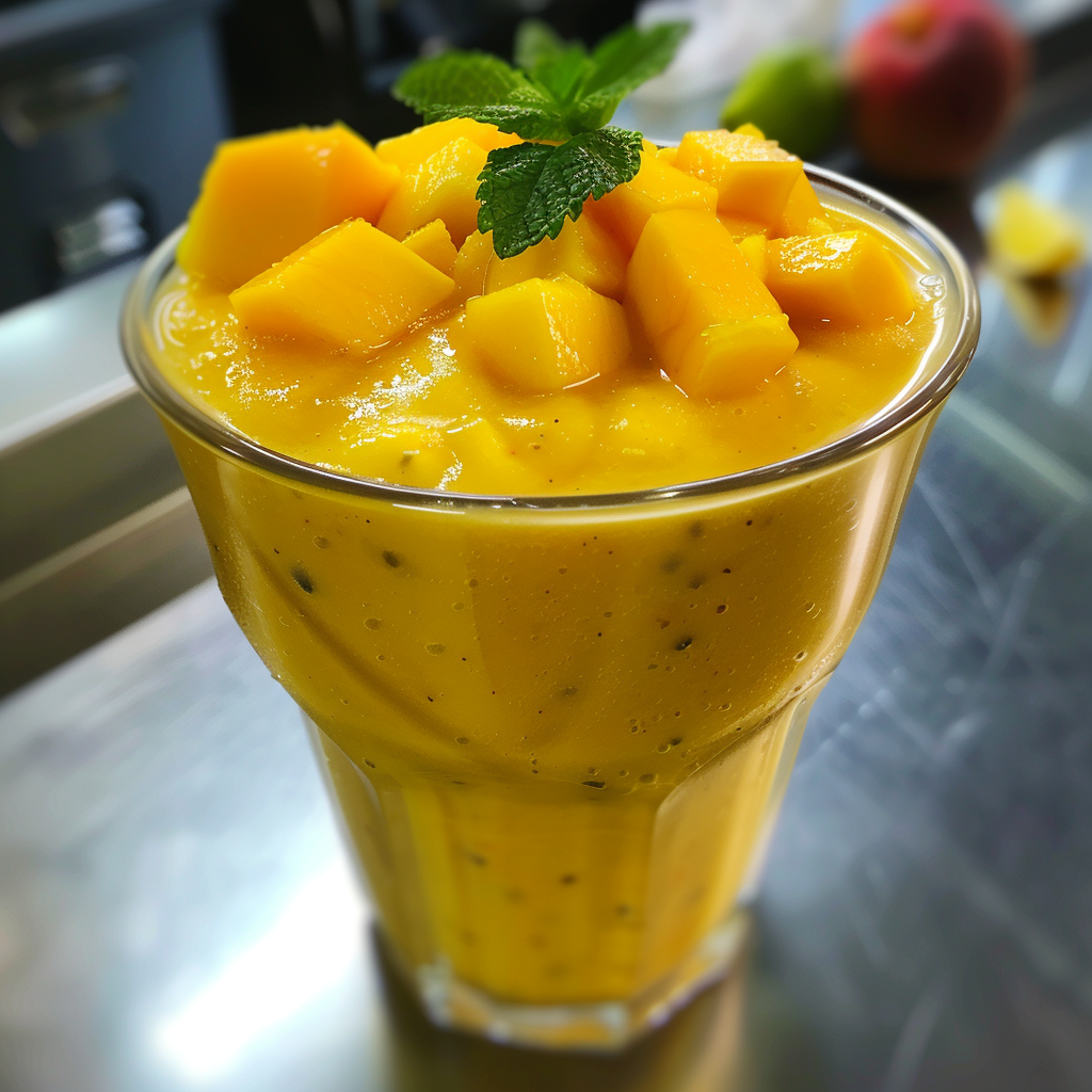 Energize your day with our Mango Melody Smoothie, bursting with goodness! This tall glass of vibrant yellow delight is brimming with creamy mango richness, adorned with fresh mango chunks and a sprig of mint for that extra zing. Each sip offers a smooth texture and visible seeds that remind you of the pure, natural ingredients we’ve blended to perfection. Behind this masterpiece lies a blurred kitchen backdrop, evoking an atmosphere of culinary creativity and freshness. Embrace the health benefits and eco-friendly ethos of Zestful Blends today!