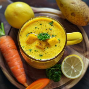 A vibrant Mango Sunrise Serenade served in a cheerful yellow mug, bursting with the goodness of nature and reminiscent of a serene sunrise. This creamy, thick smoothie is topped with chunks of fresh mango and a sprig of parsley for an added zest. It's presented on an eco-friendly wooden tray surrounded by whole fruits and vegetables—lemon, mango, carrot slices, and fresh parsley—highlighting the farm-fresh ingredients packed into every sip. Enjoy the refreshing benefits and natural vitality with Zestful Blends!