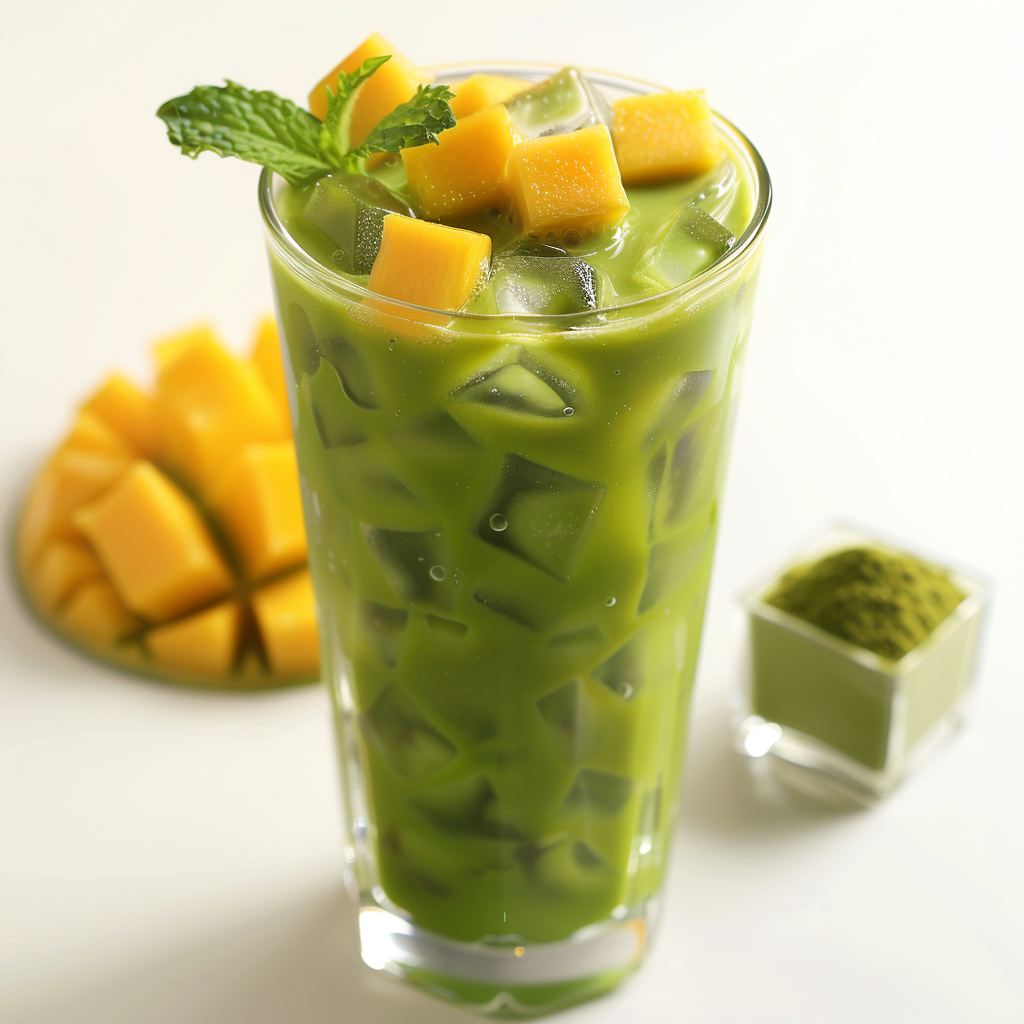 A tall glass of Matcha Mango Marvel, brimming with the vibrant fusion of freshly blended matcha and succulent mango, crowned with luscious mango cubes and a sprig of mint. In the background, more juicy mango chunks and a touch of premium matcha powder on a pristine white surface. Zestful Blends—where every sip is bursting with goodness, delivering health benefits and pure freshness in every delightful morsel! Indulge in our eco-friendly offerings designed to invigorate your senses and nourish your body.