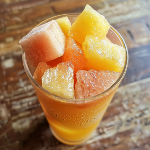 A close-up of a glass brimming with our Melon Citrus Matinee—a vivacious blend bursting with goodness! Topped with ice cubes and vibrant chunks of pineapple, watermelon, and citrus slices, this refreshing beverage is perfect for revitalizing your day. The frosty condensation on the glass hints at the drink's invigorating chill, all set against an inviting wooden surface. Savor the freshness and indulge in health-boosting flavors that are as eco-friendly as they are delightful!