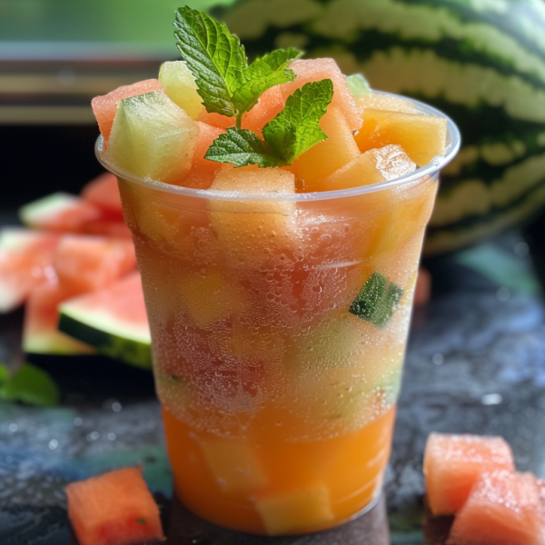 Experience the vibrant burst of health and freshness with Zestful Blends' Melon Medley Magic! This clear, eco-friendly cup is brimming with a colorful array of cubed watermelon, cantaloupe, and honeydew, all crowned with a sprig of aromatic fresh mint. Each bite is bursting with goodness and natural sweetness! The refreshing condensation on the cup adds a magical touch to this delightful scene, showing off even more luscious cut fruit and whole melons in the background. Enjoy our Melon Medley Magic as part of our wholesome fruit salads collection—a perfect way to invigorate your day with nature's finest flavors. At Zestful Blends, we’re committed to delivering deliciously fresh products that boost your health while caring for the planet.