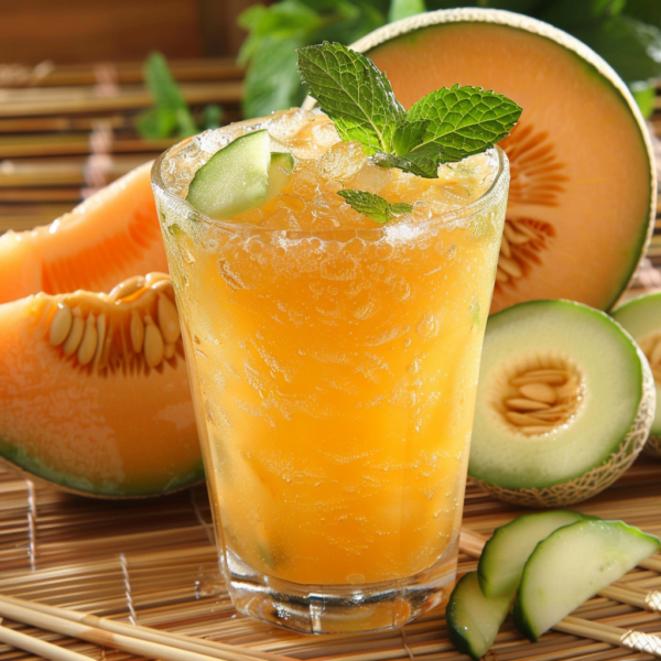 Immerse yourself in the vibrant freshness of our Minted Melon Mix, a refreshing blend bursting with goodness. Served over crushed ice and garnished with a sprig of mint and a crisp cucumber slice, this concoction is as refreshing as it is nutritious. Surrounding the glass are tantalizing halves and slices of juicy melon and cucumber, all laid out on an eco-friendly bamboo mat. Perfectly embodying our commitment to health, taste, and sustainability at Zestful Blends!