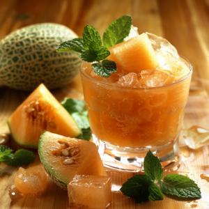 A refreshing glass of Zestful Blends' Minted Melon Mix, bursting with goodness and garnished with fresh mint leaves. Filled with ice cubes and succulent melon chunks, this delightful beverage exudes freshness. Surrounding the glass are vibrant cantaloupe slices and fragrant mint sprigs, artfully arranged on a rustic wooden surface. In the background, a whole cantaloupe beckons with the promise of wholesome flavor. Enjoy our eco-friendly treat that's as good for the planet as it is for your health!